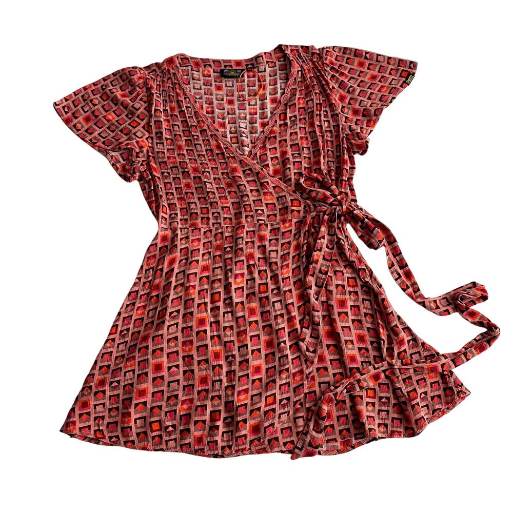 Superdry Viscose Geometric Pink‎ Orange Flutter Sleeve Mini Dress sz 10